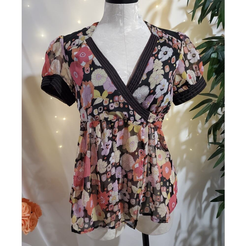 Vtg Angie NWT Deadstock Retro Floral Sheer Wrap Top Size M Boho Hippie Mod Fairy